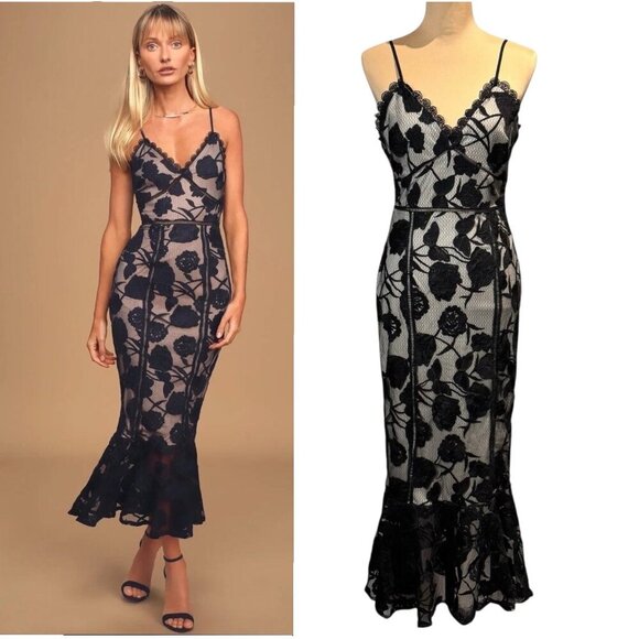 Lulus Dresses & Skirts - Lulus Floral Lace Midi Dress Sz S Black Gothic Romantic Event Formal Dark Fairy